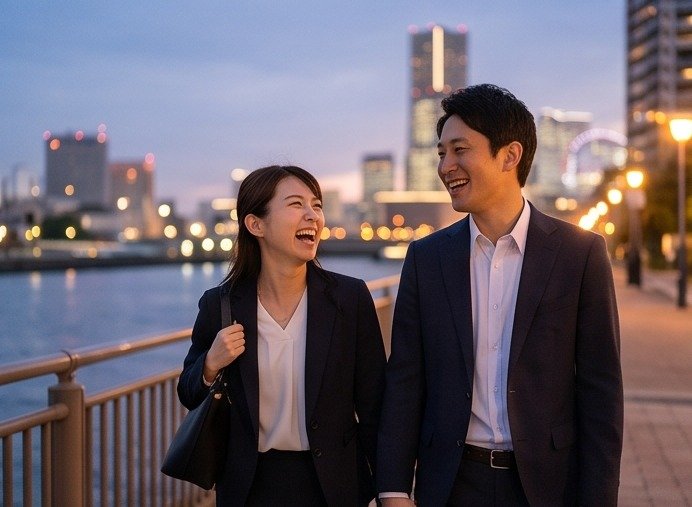 横浜の街並みを歩くカップル