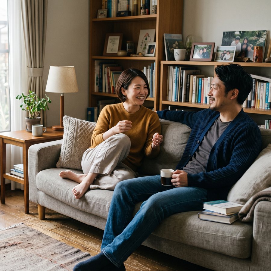 リビングで語り合う夫婦