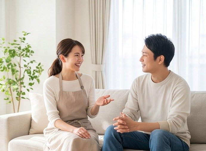 リビングで相談するカウンセラーと会員