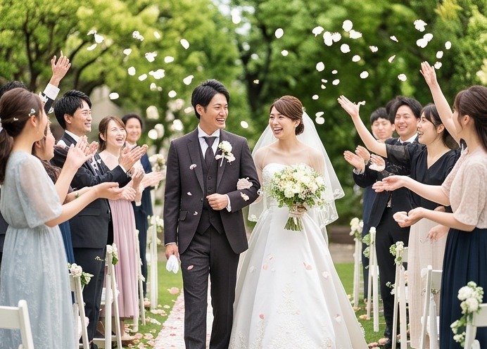 桜の下で祝福されるご成婚カップル