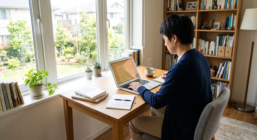 デスクで執筆する様子