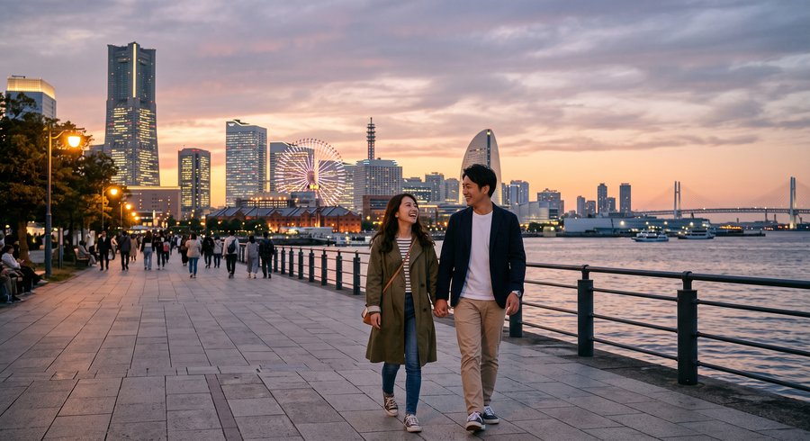 夕暮れの横浜を歩くカップル